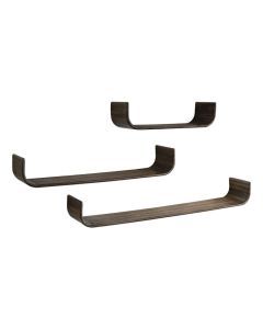 Set van drie U-vormige wandplanken Maya van teakhout in een warme espresso kleur.