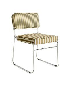 Schuin vooraanzicht van eetkamerstoel Endless Stripe Sunflower met gestreepte bekleding en een verchroomd stalen sledeframe