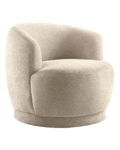 Draaifauteuil Fiumi in naturel stof met ronde armleuningen en zachte vormen schuin van voren gefotografeerd