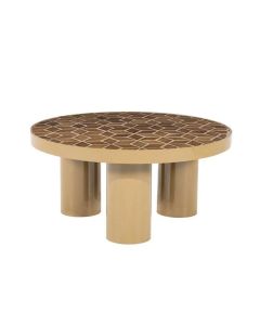 Ronde salontafel Patterna van By-Boo met geometrisch keramisch patroon in bruine tinten en cilindervormige poten.