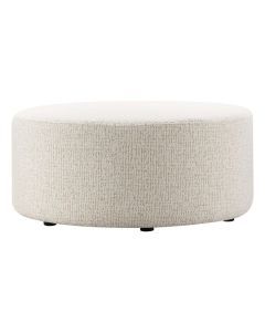Ronde INHOUSE hocker Lurnio in champagnekleurige geweven stof, frontaal gefotografeerd met zachte afgeronde vormgeving.