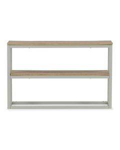 Moderne sidetable Rise met witte metalen poten en twee houtlook planken.