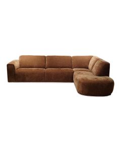 Elementenbank Alwick in warme bruine stof met royale hoekopstelling en afgeronde chaise longue