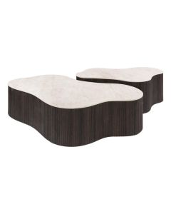 Salontafel Ceramo Grande set van 2 met organische vorm, licht keramisch blad en donker ribbelonderstel