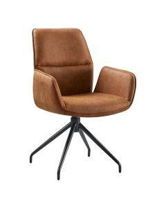 camelkleurige Gavio armstoel van microleder met armleuningen, hoge rugleuning en zwart metalen draaibare kruispoot