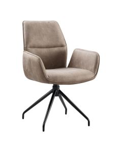 Lichtbruine Gavio armstoel in microleder Clay met armleuningen, hoge rugleuning en zwart metalen draaibare kruispoot