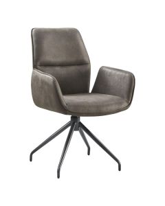 Donkergrijze Gavio armstoel in microleder Graphite met armleuningen, hoge rugleuning en zwart metalen draaibare kruispoot