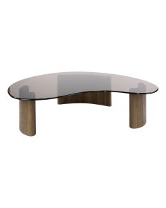 Salontafel Tinto met organisch blad van bronskleurig rookglas en eikenhout-look onderstel