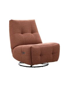Relaxfauteuil Redan in roestkleurige weefstof met elektrische verstelling, ge&iuml;ntegreerde voetensteun en zwarte ronde draaivoet.