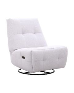 Relaxfauteuil Redan in lichte taupekleurige weefstof met elektrische verstelling, zwarte ronde draaivoet en decoratieve sierstiksels.