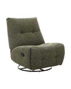 Relaxfauteuil Redan in groene weefstof met handmatige verstelling, zwarte ronde draaivoet en decoratieve sierstiksels.