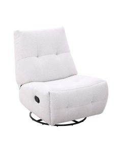 Relaxfauteuil Redan in lichte weefstof met handmatige verstelling, zwarte ronde draaivoet en subtiele sierstiksels.