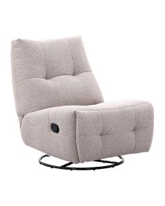 Relaxfauteuil Redan in beige weefstof met handmatige verstelling, zwarte ronde draaivoet en decoratieve sierstiksels.