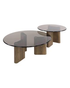 Salontafelset Tinto met twee ronde bladen van bronskleurig rookglas en onderstellen in eikenhout-look