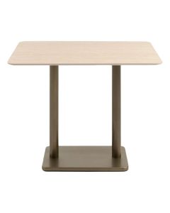 Rechthoekige COCOmaison Brest bartafel met travertinlook blad en goudkleurig metalen onderstel, vooraanzicht