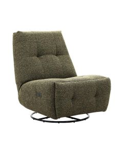 Relaxfauteuil Redan in groene weefstof met zwarte ronde draaivoet en elektrische verstelbare voetensteun ingeklapt.