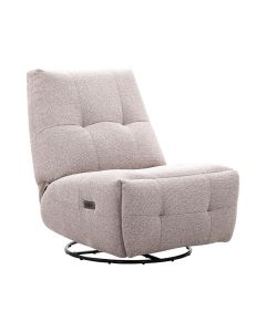 Beige elektrisch verstelbare relaxfauteuil Redan met zwarte ronde draaivoet, sierstiksels en voetensteun ingeklapt.