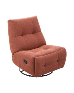 Relaxfauteuil Redan in roestkleurige weefstof met zwarte ronde draaivoet en manuele verstelbaarheid.