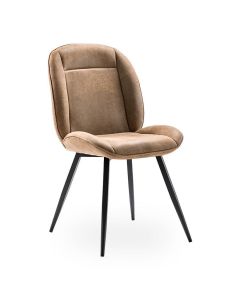 Eetkamerstoel Domeno in bruine stof met subtiele leerlook, afgeronde rugleuning en zwarte metalen poten.