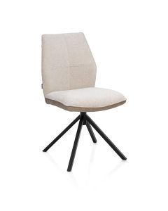 Eetkamerstoel Franky met beige Livigno chenillestof en Oregon microvezelstof, zwart metalen draaionderstel en comfortabele rugleuning, schuin van voren gefotografeerd.
