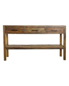 Sidetable Wilshire 150 cm van massief hout met drie laden en open onderblad.