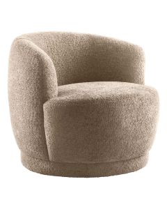 Draaifauteuil Fiumi in beige boucl&eacute; stof schuin van voren met ronde armleuningen en royale zitting