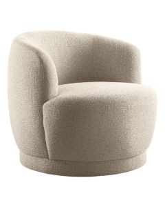 Draaifauteuil Fiumi in beige stof schuin van voren met afgeronde armleuningen en ronde zitting