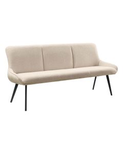 Eetkamerbank Ceno Linen-Naturel met lichte bekleding, afgeronde armleuningen en zwarte poten, schuin van voren gefotografeerd