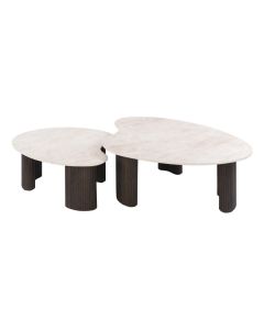 Salontafel Ceramo Aperto set van twee organische tafels met lichte bladen en donkerbruine onderstellen