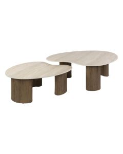 Salontafelset Ceramo Aperto met twee organisch gevormde bladen in travertinlook en houtlook onderstellen op witte achtergrond