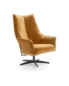 Draaifauteuil Maddington in mosterdgele weefstof met hoge rugleuning, zwarte metalen draaivoet en comfortabele armleuningen.