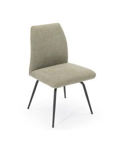 Pedro eetkamerstoel in lichtgroene stof met ergonomische rugleuning en zwarte metalen poten.