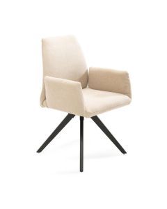 Porto eetkamerstoel met armleuningen in beige stof en zwart metalen spinpoot onderstel.