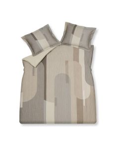 Dekbedovertrek Shaping linen met grafisch dessin van strepen en ronde vormen in beige- en bruintinten.