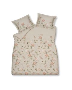 Dekbedovertrek Rosewood Charm linen met bloemenprint in zachte roze, beige en groene tinten inclusief kussenslopen met oxford rand.