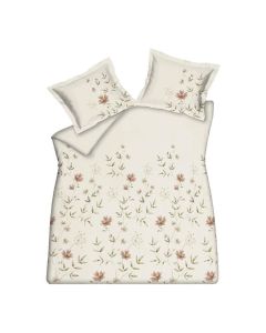 Dekbedovertrek Fleurine Cream Tan van katoensatijn met roze bloemen, groene bladeren en bijpassende oxford kussenslopen.
