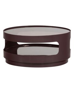 Ronde WOOOD salontafel Sero met bruin metalen frame en glazen blad op witte achtergrond