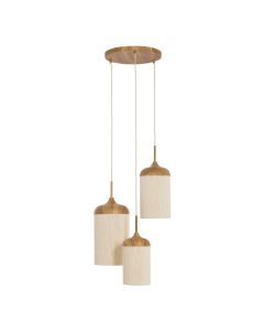 Light & Living hanglamp Dania met drie cilindervormige lampenkappen van naturel hout en cr&egrave;mekleurig touw aan ronde plafondplaat.