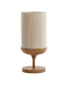 Light & Living tafellamp Dania met houtlook voet en cilindervormige kap van cr&egrave;mekleurig katoenen touw op witte achtergrond.
