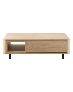 Pronto Wonen salontafel Lirona in old oak met open vak, brede lade en zwarte metalen poten op witte achtergrond.