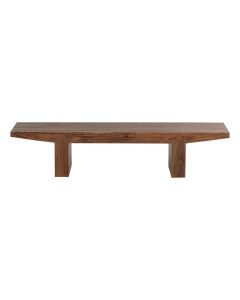 WOOOD salontafel Eron van bruin acaciahout met dik rechthoekig tafelblad en twee brede massieve poten op witte achtergrond.