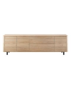 TV-kast Lirona 187 cm in old oak met afgeronde hoeken en zwarte metalen poten.