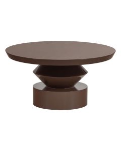 WOOOD Auren salontafel in hoogglans bruin met rond blad en sculpturaal onderstel.