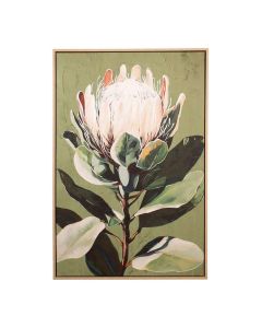Wandschilderij met wit-roze bloem, groene bladeren en houten lijst.