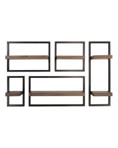 Wandschap Carve set van 5 met acaciahouten planken en bronzen metalen frames
