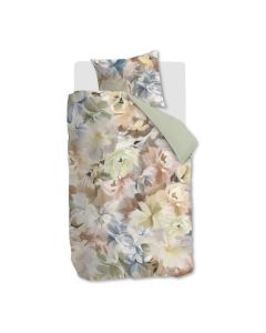 Dekbedovertrek Whita met bloemenprint in pastelkleuren en effen lichtgroene achterzijde.