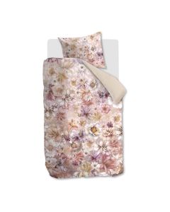 Dekbedovertrek Vario Florum van Kardol met bloemenprint in roze-, lila- en cr&egrave;metinten en effen beige achterzijde.