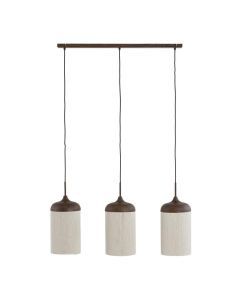 3-lichts hanglamp Skye met beige cilindervormige lampenkappen en bruine plafondkap met houtlook.