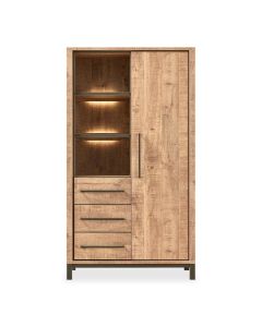 Bergkast Calisa van Profijt Meubel in mango decor met drie laden, drie verlichte open vakken en grote kastdeur