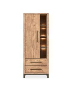 Wandkast Calisa van Profijt Meubel in mango decor met &eacute;&eacute;n deur, twee laden, vier open vakken en ingebouwde verlichting